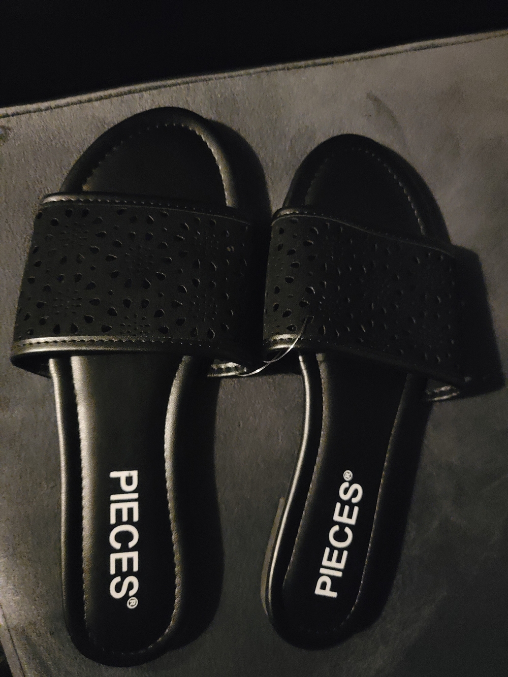PIECES Black Perforated Slide Sandals - Women's Flats